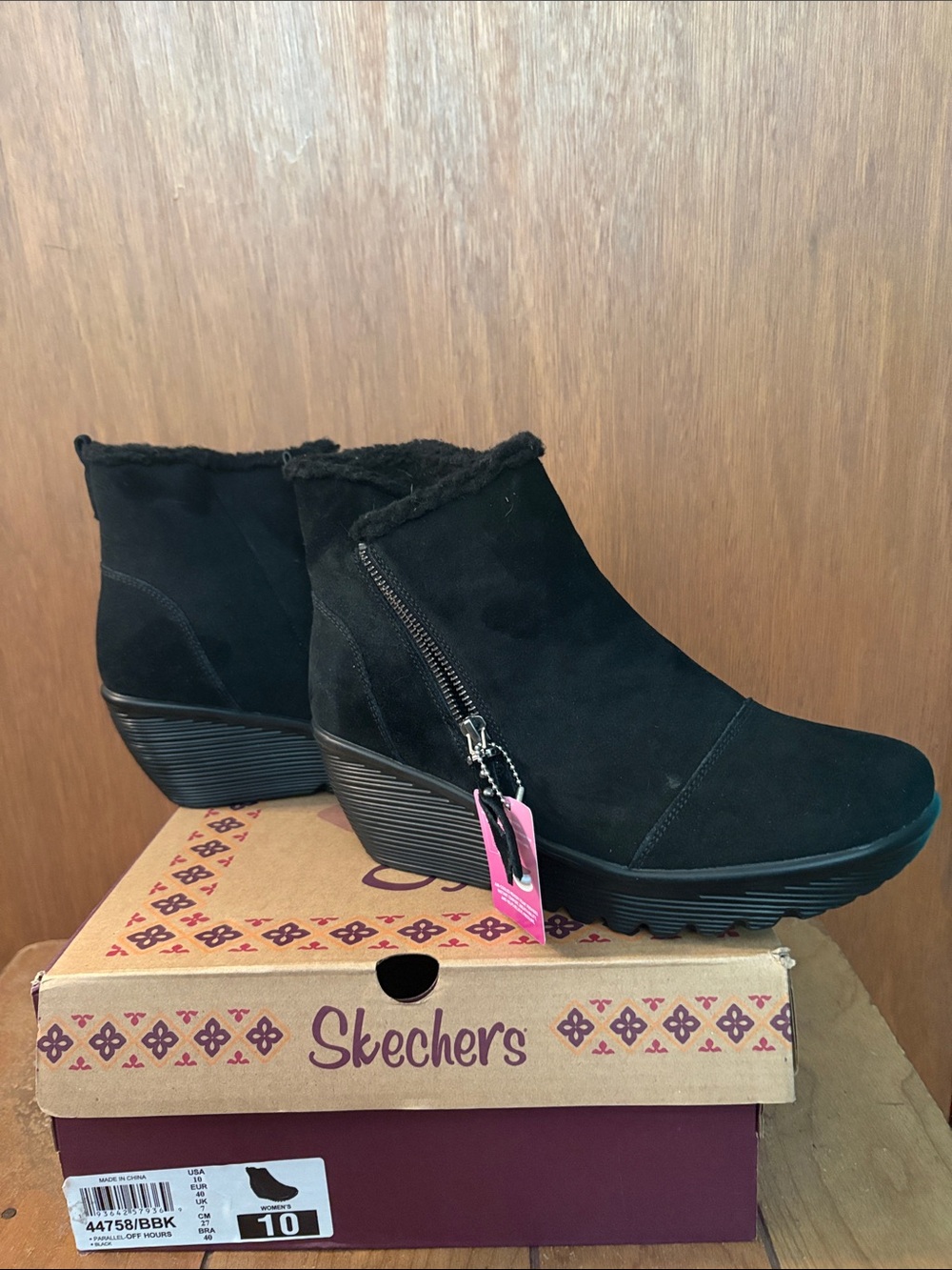 Skechers Black Suede Wedge Ankle Booties with Side Zipper